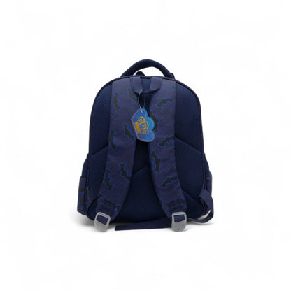 Dark blue Batman backpack with bat pattern, top handle, front zip, padded shoulder straps