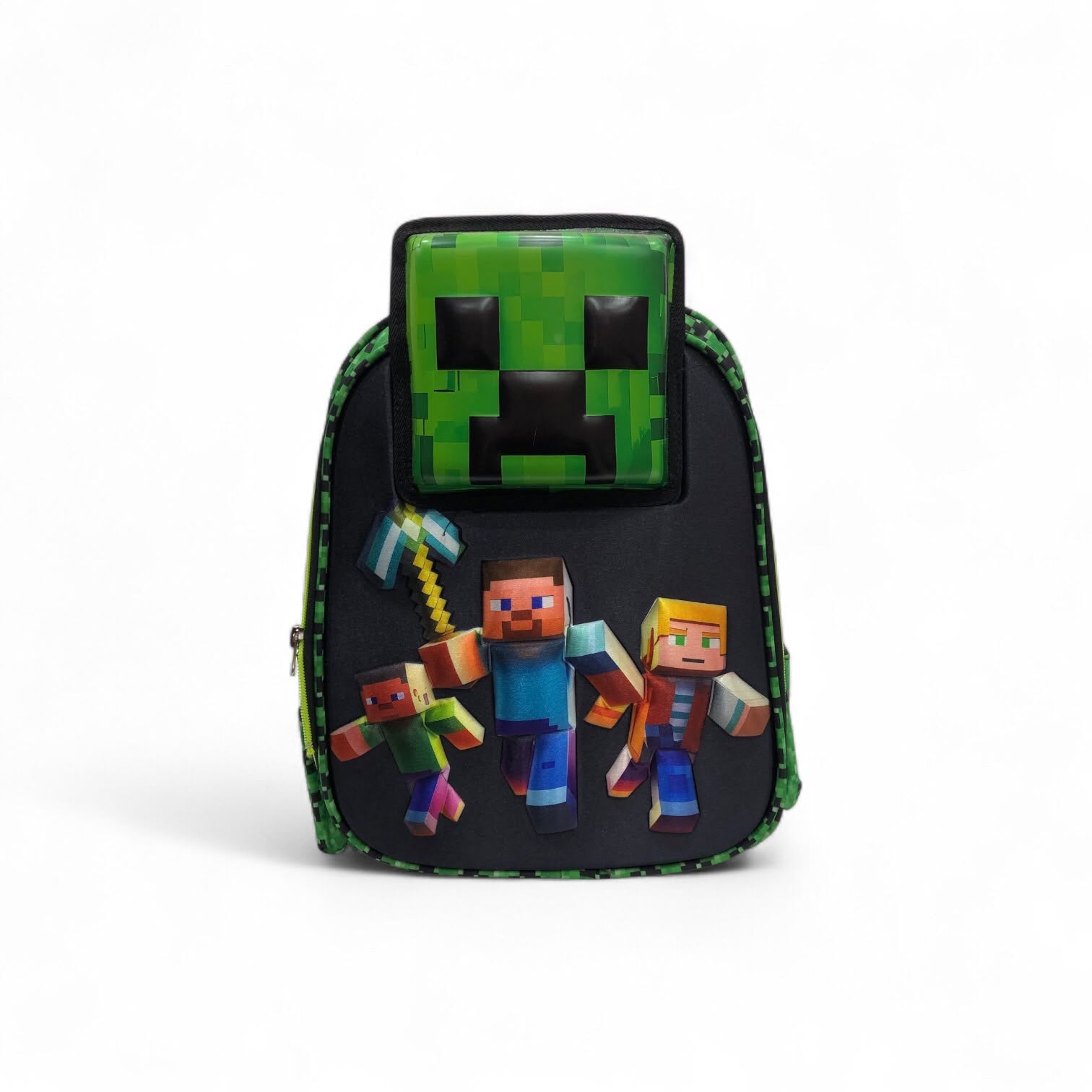 Front-view green pixel backpack with black trim and character artwork on the panel