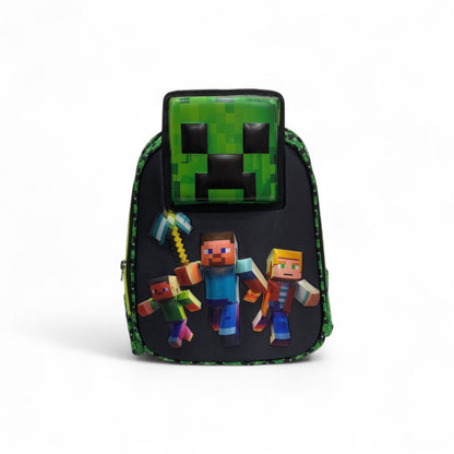 Front-view green pixel backpack with black trim and character artwork on the panel