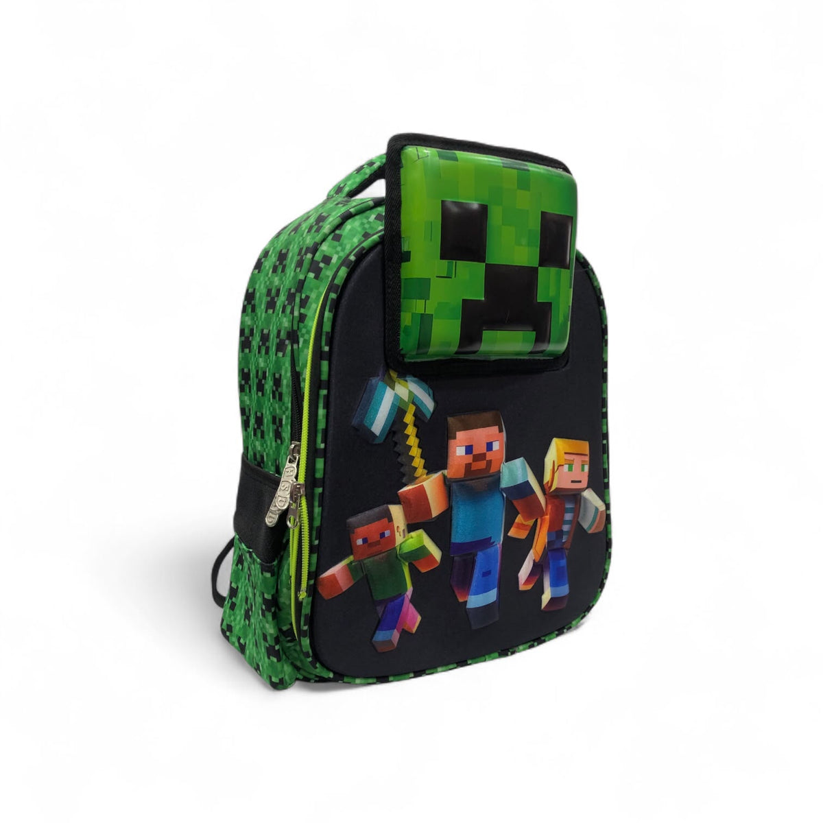 Minecraft-style character printed backpack with green pixel side panels and black top flap