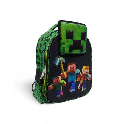 Minecraft-style character printed backpack with green pixel side panels and black top flap