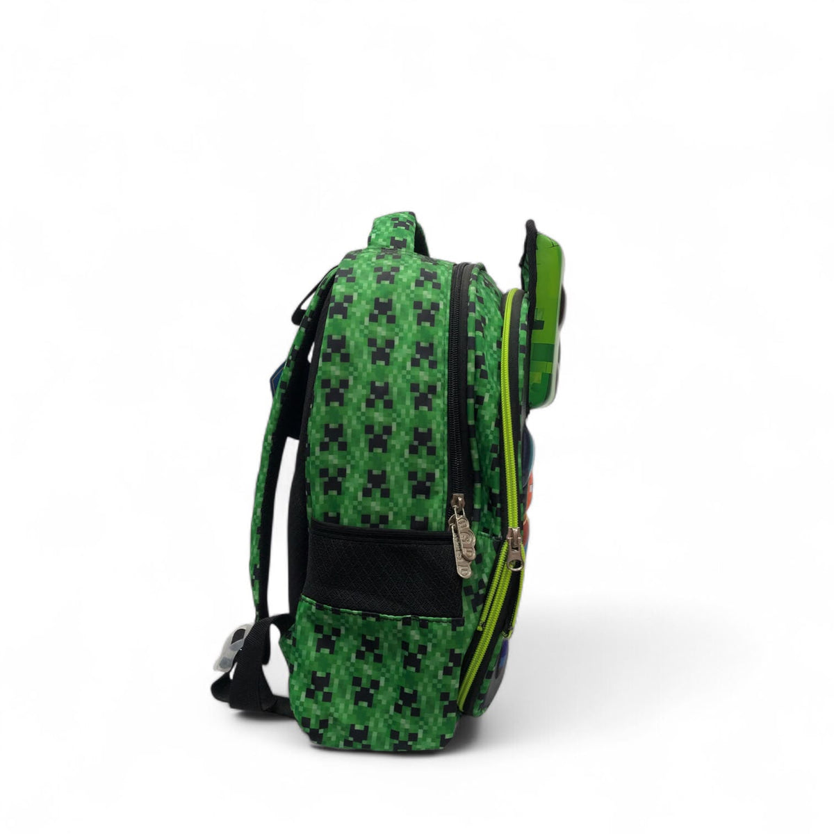 Green pixel backpack with black side panels, shoulder straps, and side zipper pocket