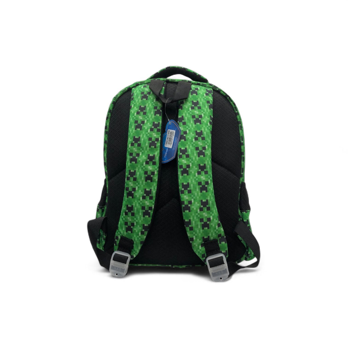 Green pixel Minecraft-style backpack with black straps, top handle, and front zipper pouch