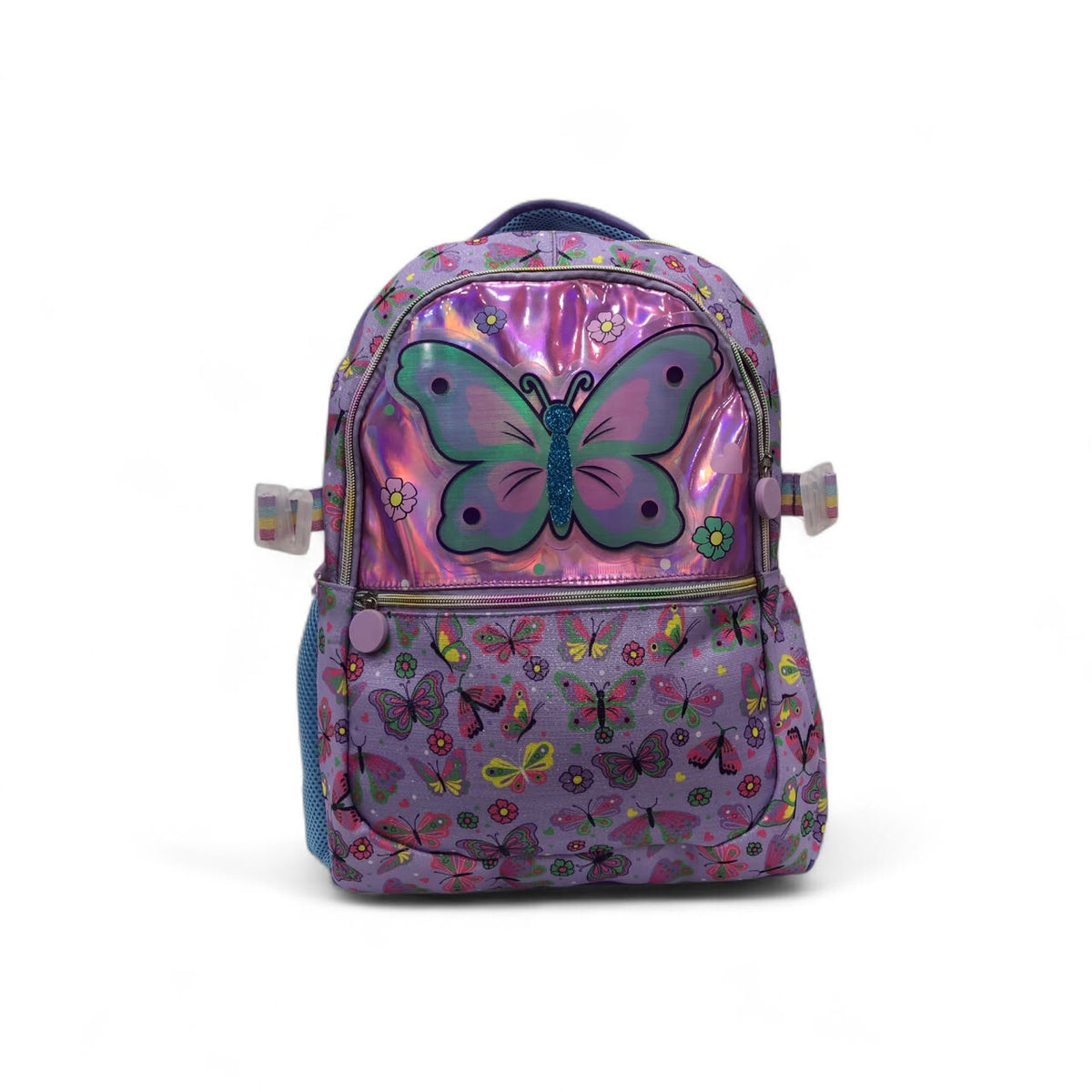 16-inch butterfly backpack with metallic purple front, iridescent butterfly design and zipper