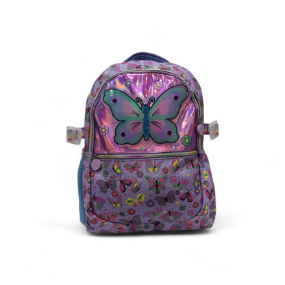 16-inch butterfly backpack with metallic purple front, iridescent butterfly design and zipper
