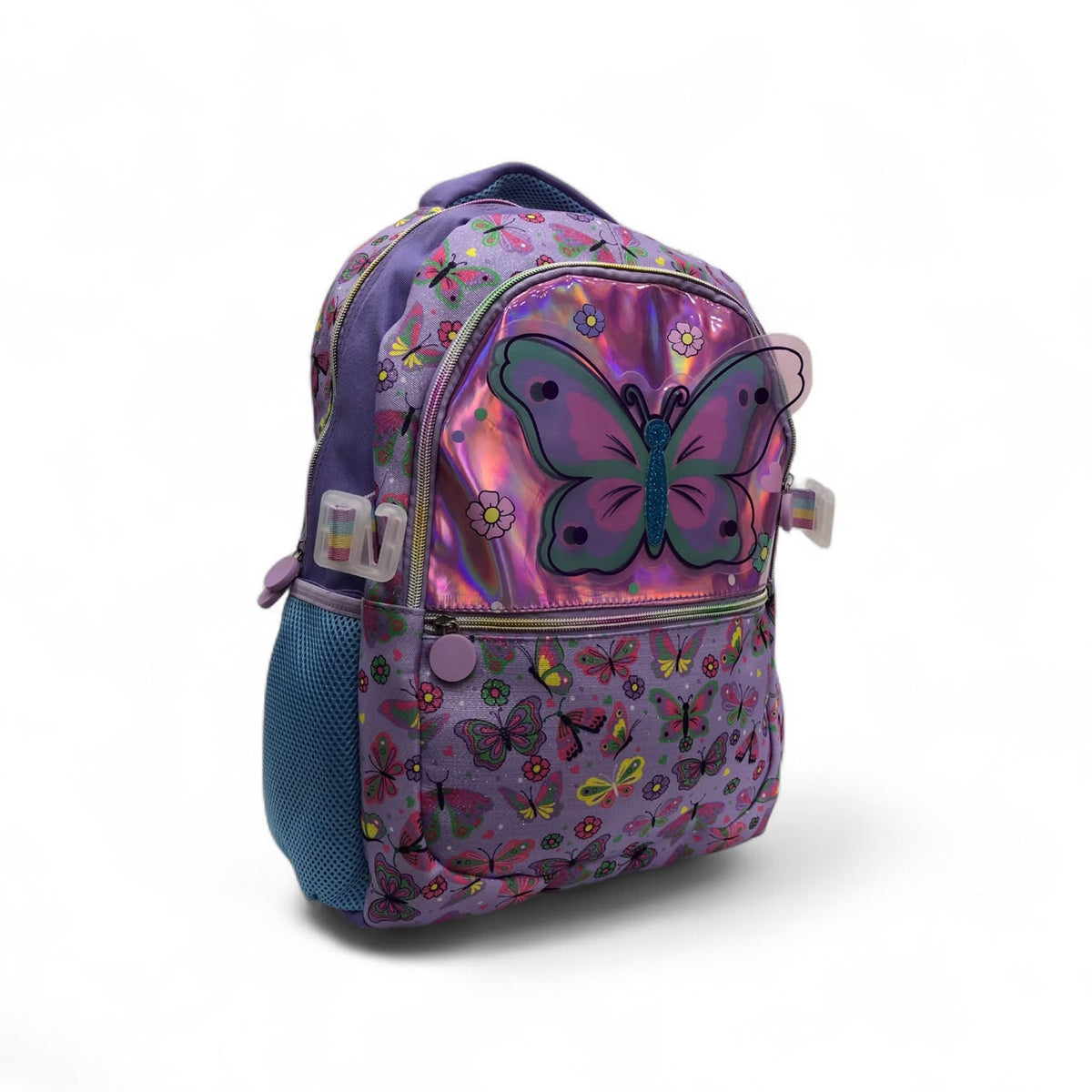 16-inch butterfly print backpack with large butterfly graphic, front zipper and side straps