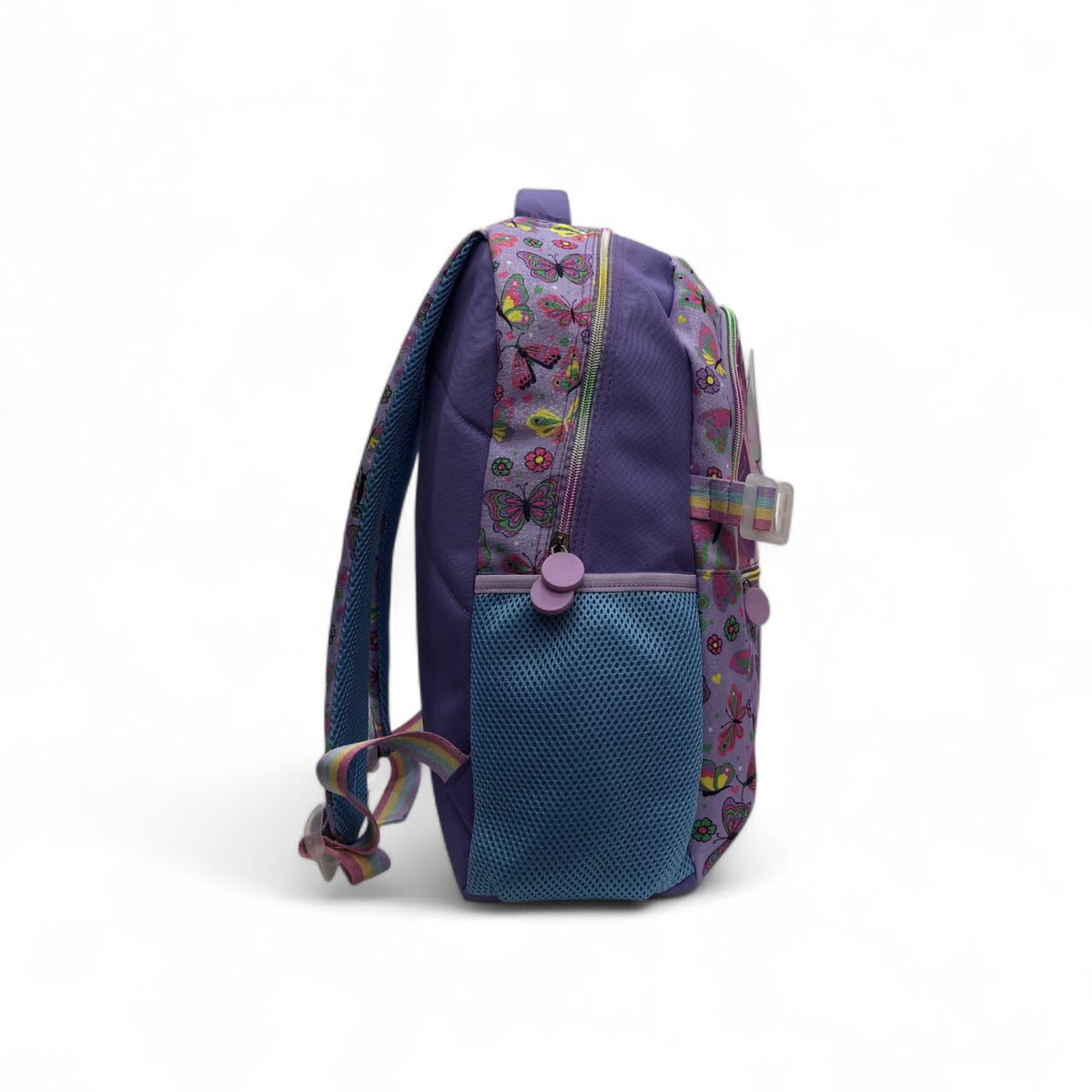 16-inch butterfly backpack, side view with blue front panel, mesh pocket and straps