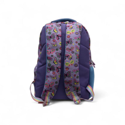 16-inch butterfly print backpack with purple sides and multicolor butterfly panels