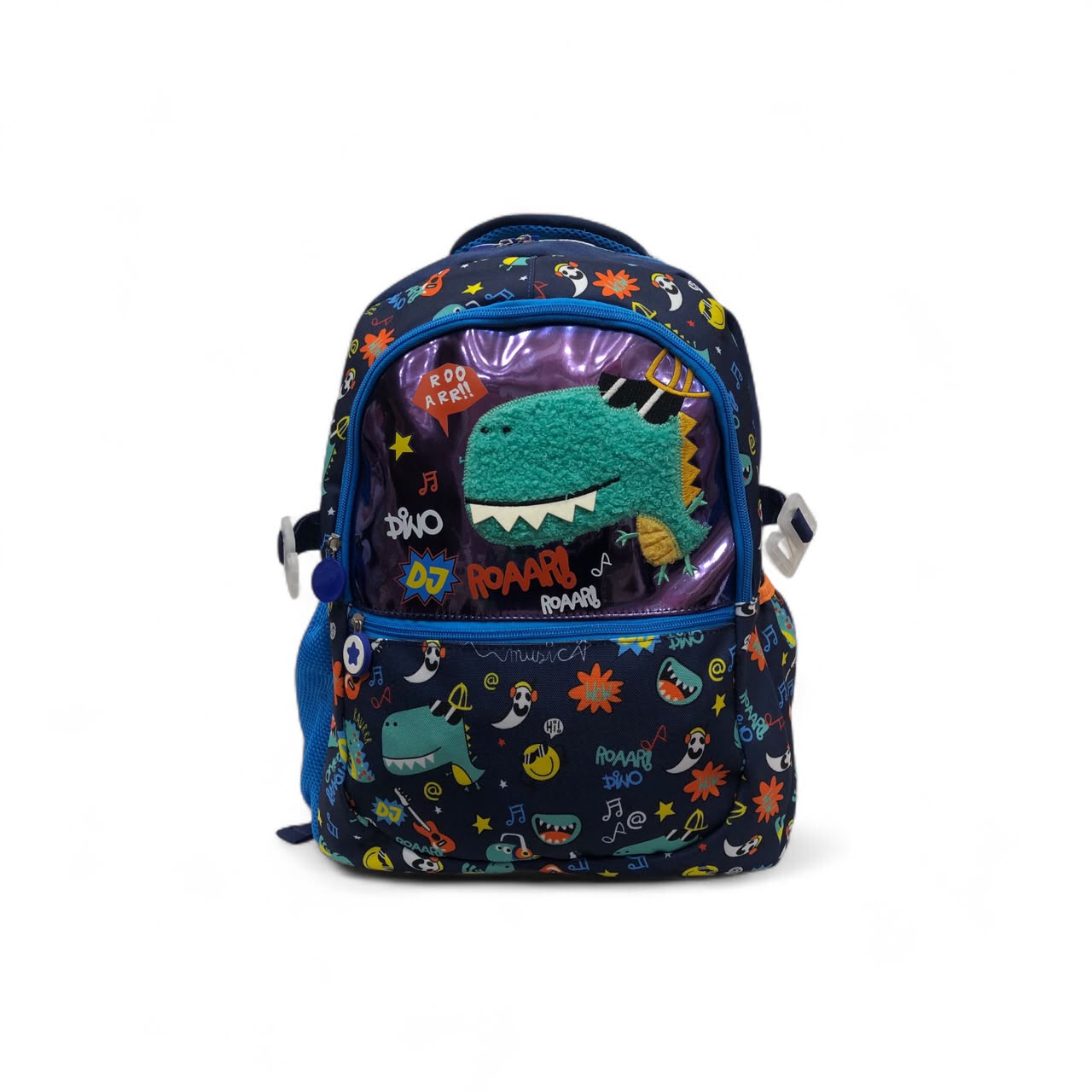 Navy dinosaur backpack with clear zipper pouch, colorful dino print, and side straps
