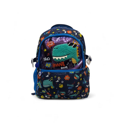 Navy dinosaur backpack with clear zipper pouch, colorful dino print, and side straps