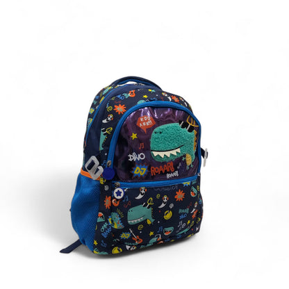 Navy dinosaur backpack with clear top pouch and dinosaur graphic front