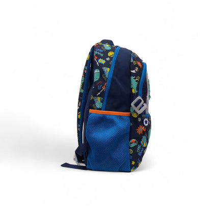Navy dinosaur backpack with front pocket panel and blue mesh side pocket