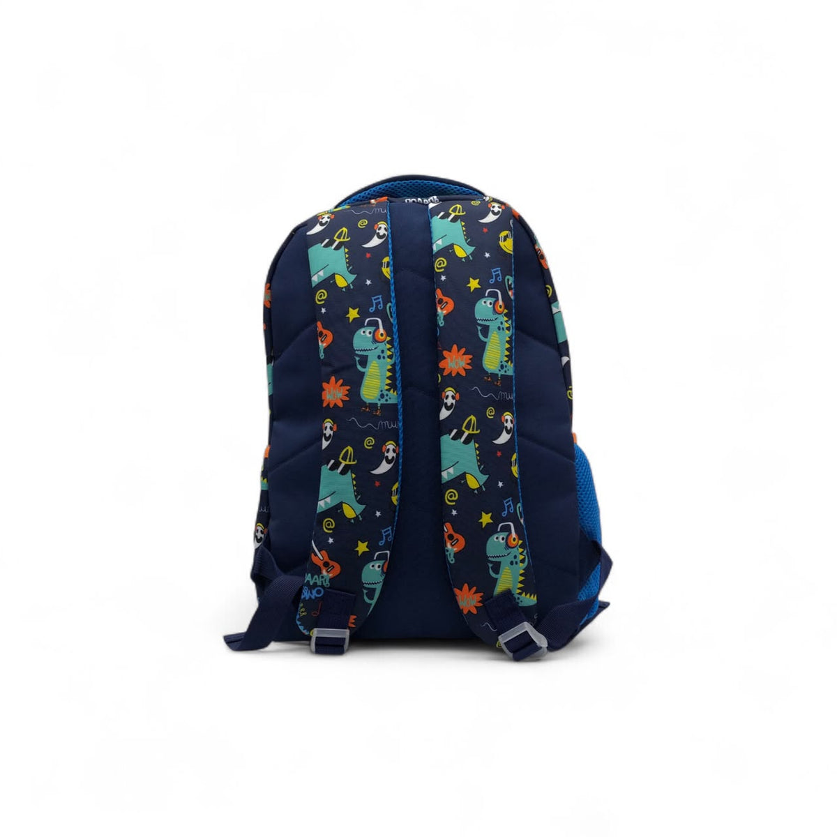 Navy dinosaur print backpack with two front straps and padded shoulder straps