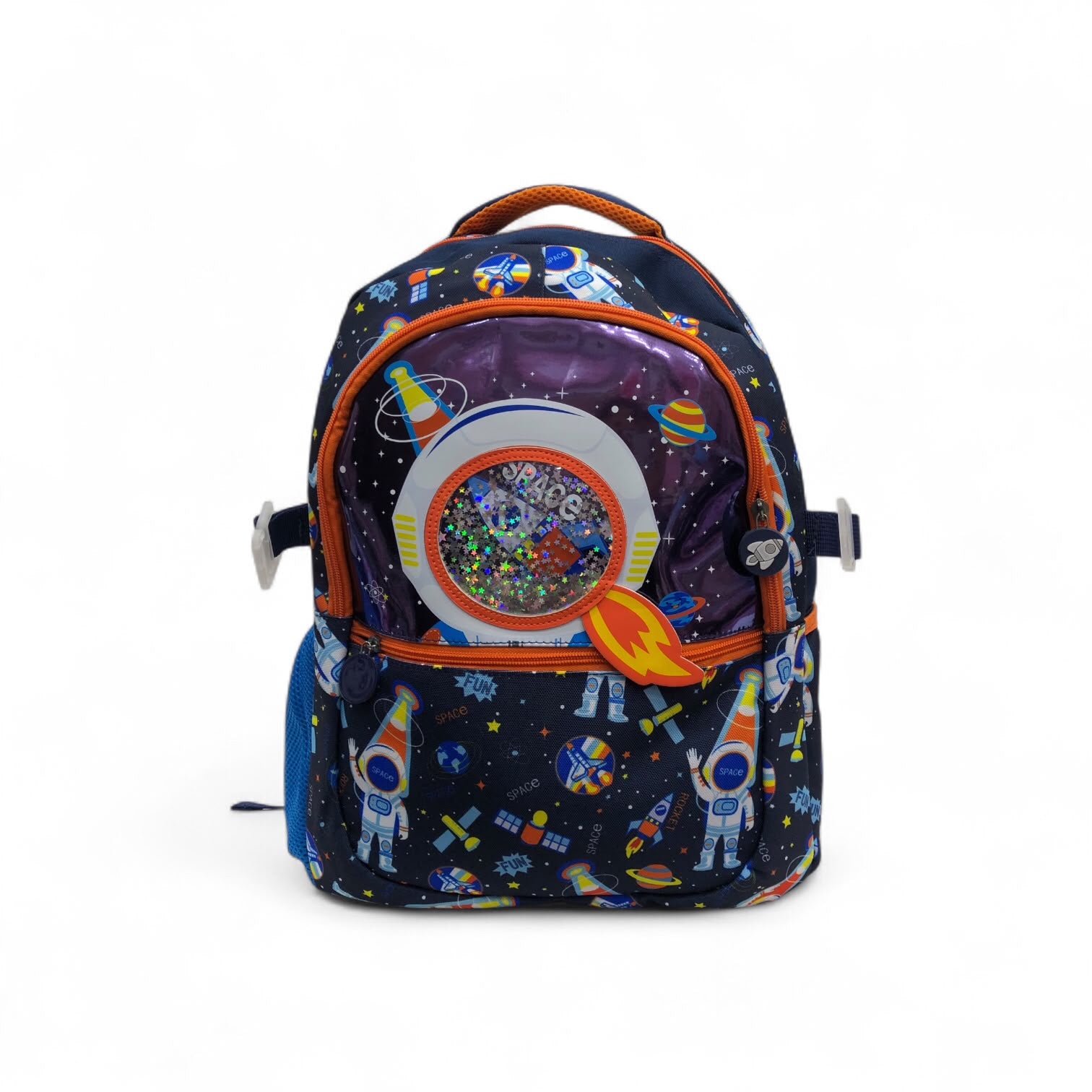 Navy astronaut backpack with large circular front window graphic, orange trim, front straps