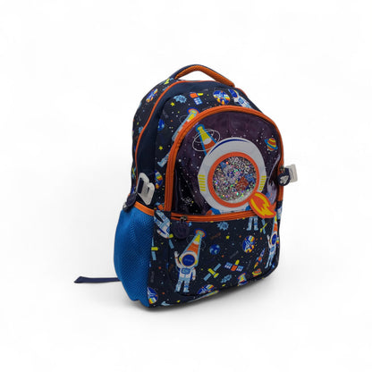 Navy space astronaut backpack with circular front window graphic, orange trim, side clips