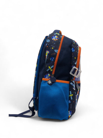 Space astronaut backpack in navy with orange accents, mesh front pocket, adjustable shoulder straps