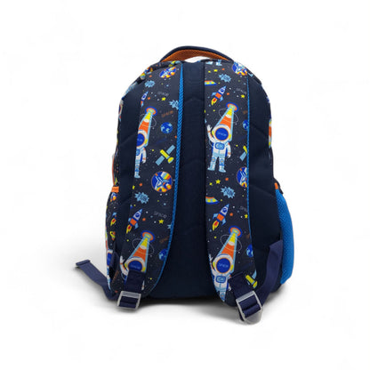 Space-themed astronaut backpack, navy with orange trim and colorful print, top handle