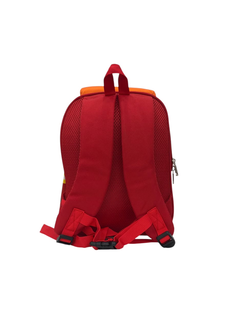 Red backpack back view with mesh panel and padded adjustable shoulder straps