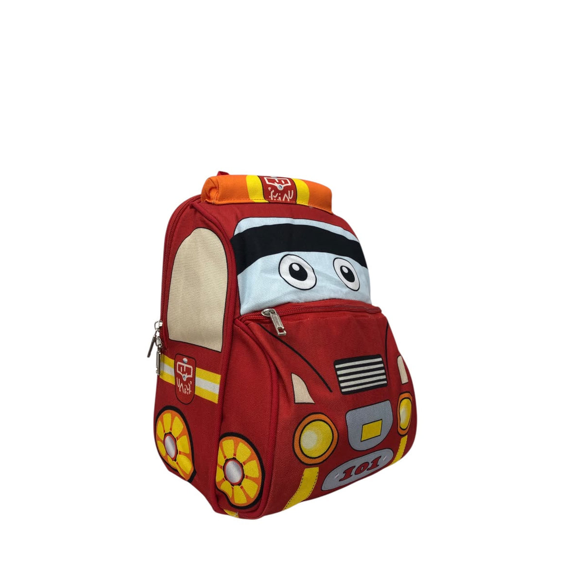 Red fire truck backpack with beige side panel, front pocket zipper and wheel graphics