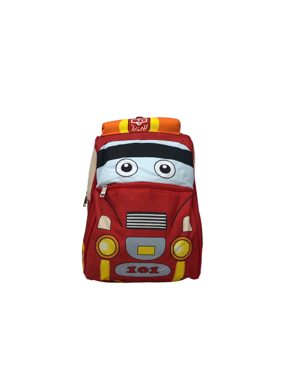 Red cartoon fire truck backpack with face graphic, front zipper and orange top handle