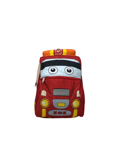 Red cartoon fire truck backpack with face graphic, front zipper and orange top handle