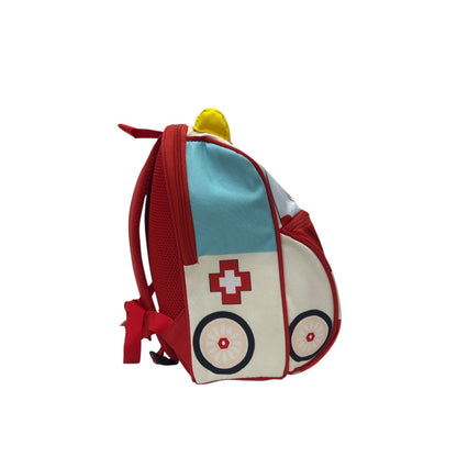 Kids ambulance backpack, side view with red straps, white body, teal side panel