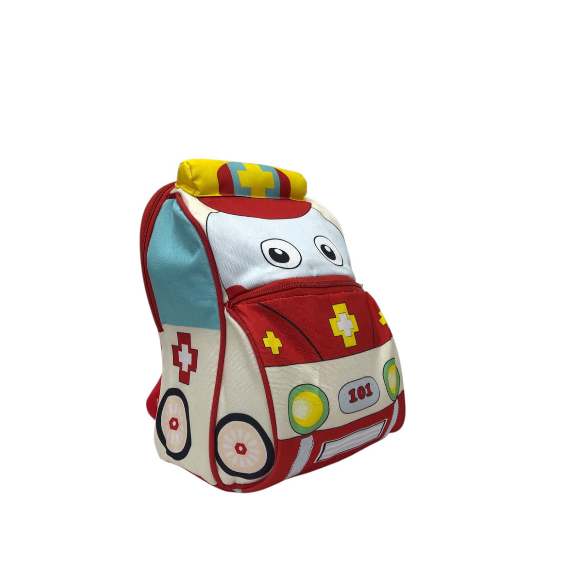 Kids ambulance backpack, side view with teal panel, red wheels and yellow top