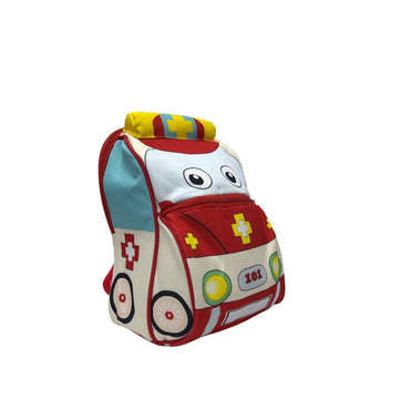 Kids ambulance backpack, side view with teal panel, red wheels and yellow top
