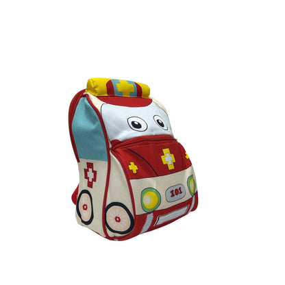Kids ambulance backpack, side view with teal panel, red wheels and yellow top