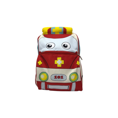 Kids ambulance backpack with cartoon face, red body, white front, yellow hood