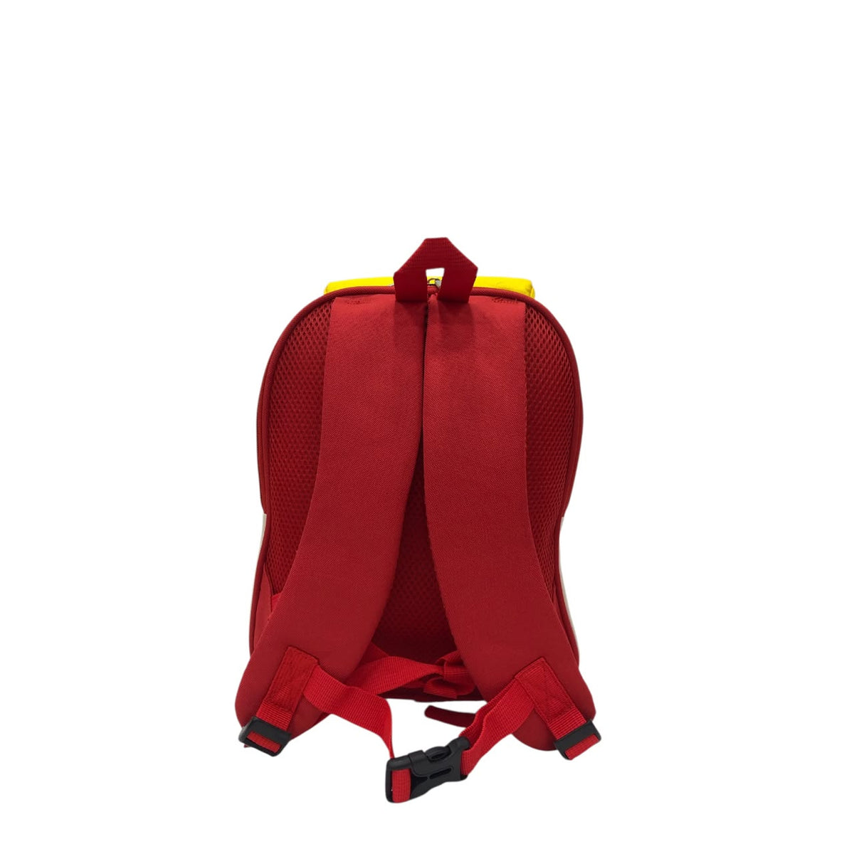 Kids ambulance backpack, red back with mesh straps and yellow top carry handle