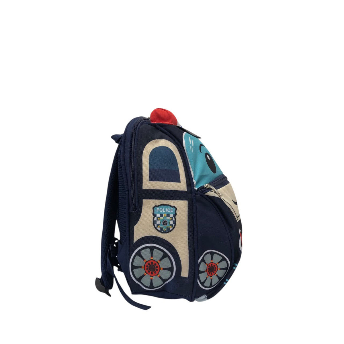 Kids police car graphic backpack, side with “POLICE” shield and wheel decals