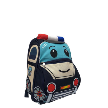 Kids police car graphic backpack, side view with cartoon headlights and small patch icons