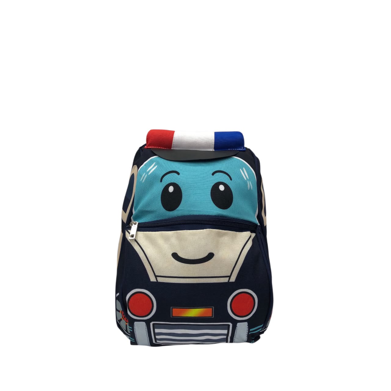 Kids police car graphic backpack, blue front face with smile and red wheels detail