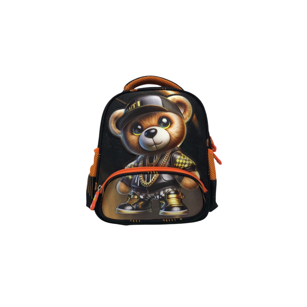 Kids black backpack with teddy bear astronaut front graphic, orange trim and side pockets