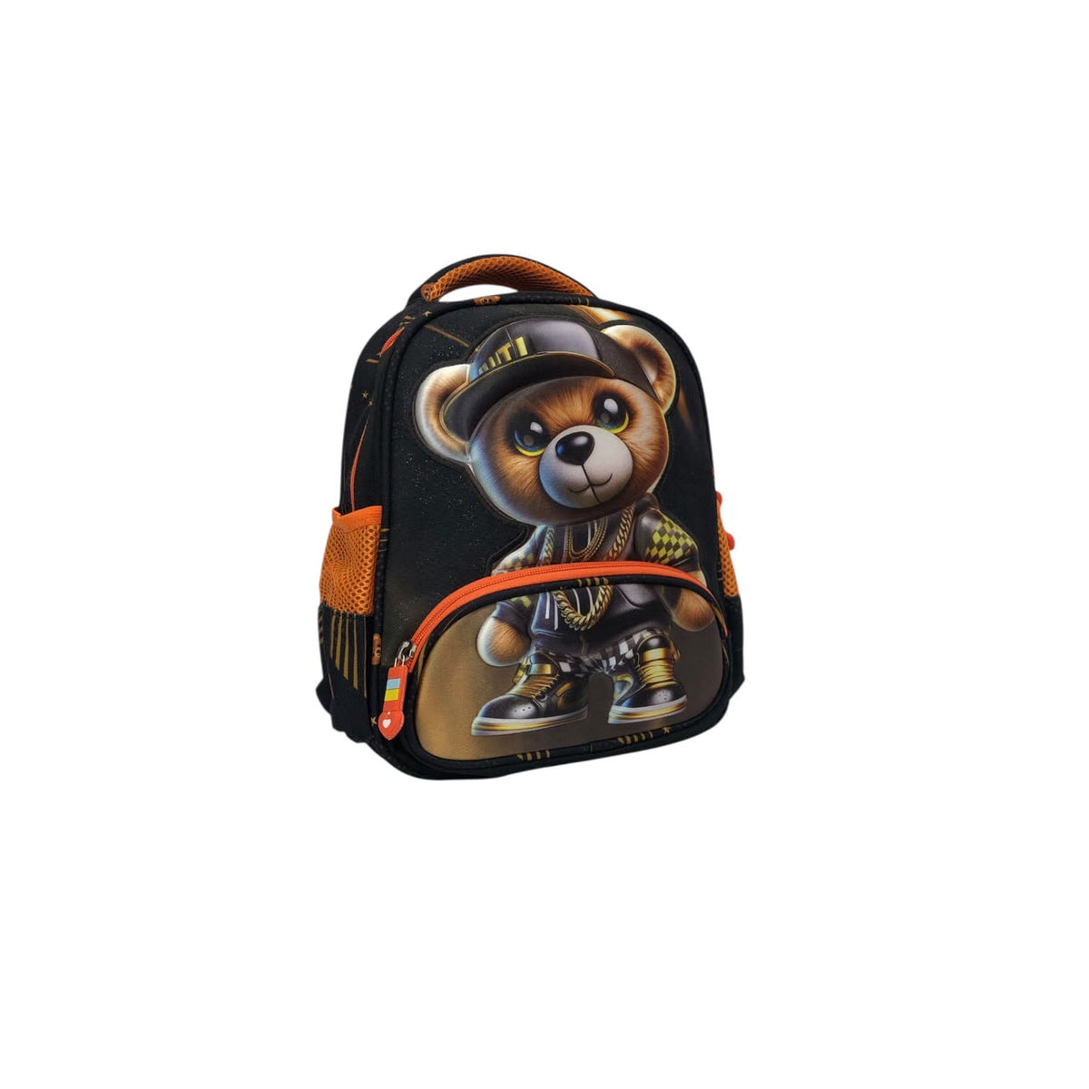 Kids black backpack with teddy bear astronaut graphic, orange side panels and zipper pulls