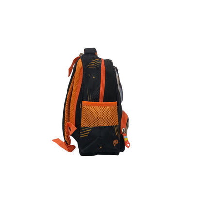 Kids teddy bear graphic backpack with orange accents, front pocket, side straps