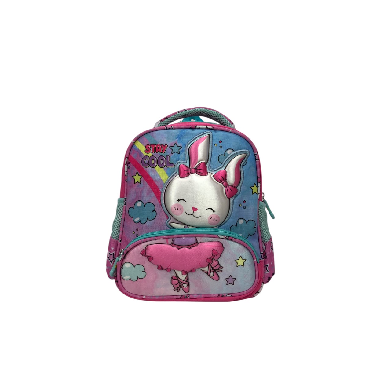Kids backpack with unicorn bunny face, rainbow stripes, clouds, and 'Stay cool' text