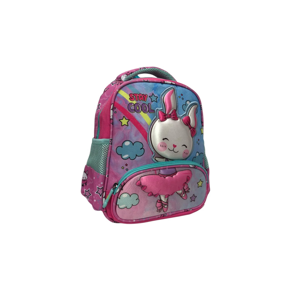 Kids backpack with pastel bunny and unicorn print, rainbow accents, and front zipper