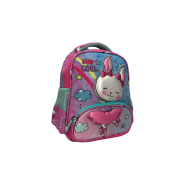 Kids backpack with pastel bunny and unicorn print, rainbow accents, and front zipper