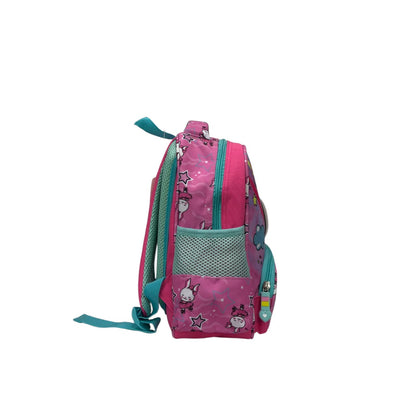 Kids backpack with pink-and-teal front, bunny pattern, stars, and side zip pocket