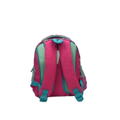 Magenta kids backpack with teal straps, bunny graphic, and mesh pocket on sides