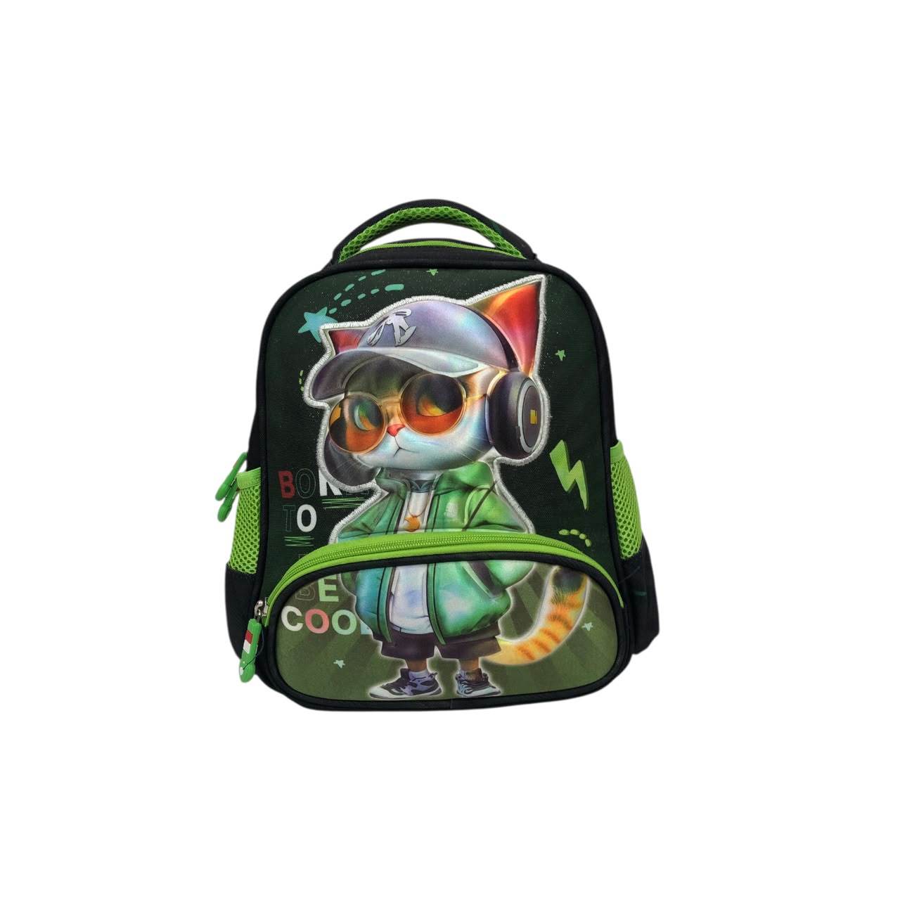 Kids backpack featuring DJ cat artwork on black with neon green trim and straps.