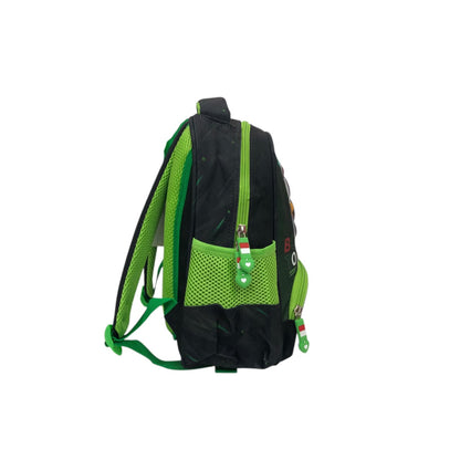 Kids black and neon green backpack with side mesh pocket and zipper details.
