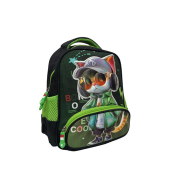 Kids DJ cat graphic backpack in black with neon green accents and front pocket.