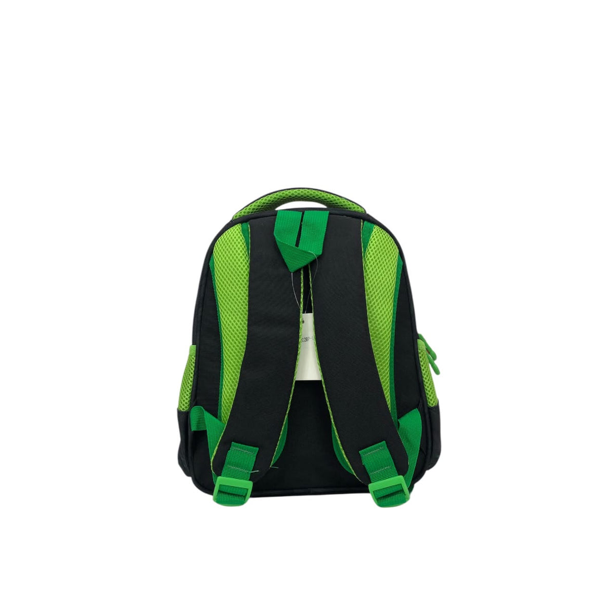 Kids backpack with black and neon green mesh back, padded straps, top handle.