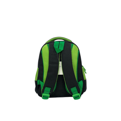 Kids backpack with black and neon green mesh back, padded straps, top handle.