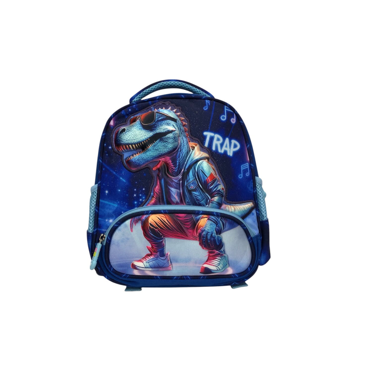 Blue kids dinosaur backpack with T-rex artwork, music notes, and “TRAP” print