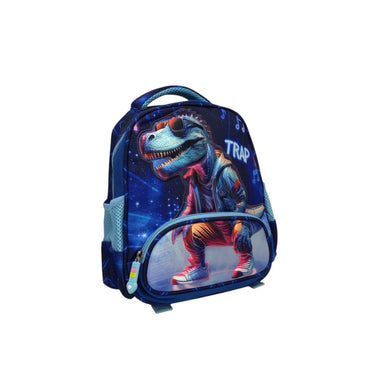 Blue kids dinosaur backpack with large T-rex front graphic and front zip pocket