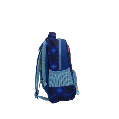Blue kids dinosaur backpack with padded back panel and adjustable shoulder straps